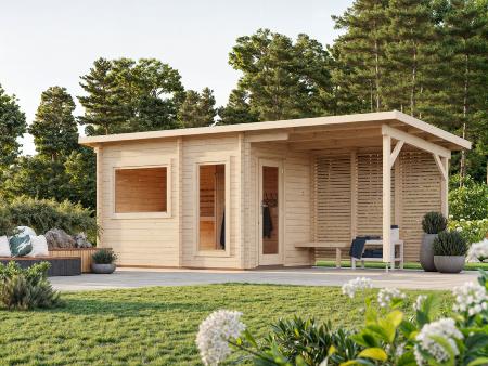 Sauna de jardin bois PALMAKO SANNA 6,8 + 5,9 m² – 44 mm – Avec auvent