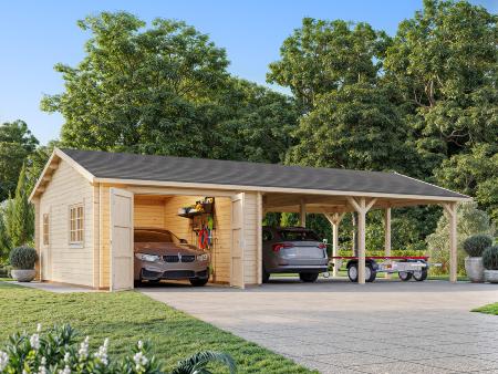 Garage bois Palmako ROGER 19,0 + 33,2 m² – 44 mm avec double porte en bois
