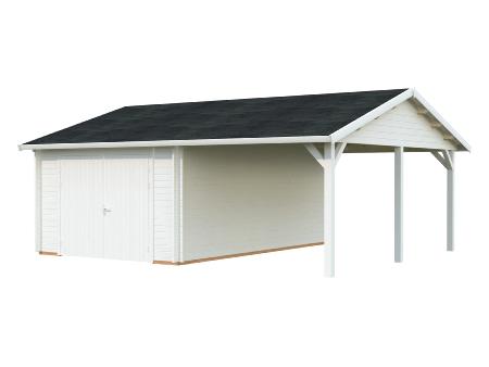 Garage Roger avec auvent 19,0+16,2 m² avec double porte en bois | Peint Blanc - Blanc 