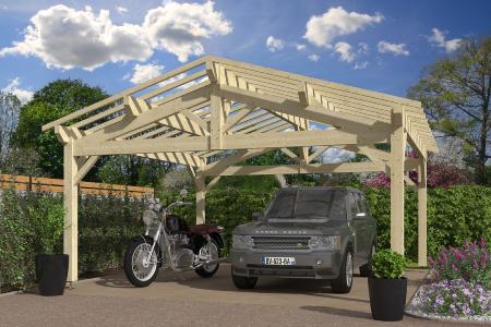 Carport double pentes 6 x 6 m en épicéa traité