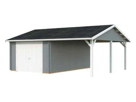 Garage Roger avec auvent 19,0+16,2 m² avec double porte en bois | Peint, Gris claire + Blanc 